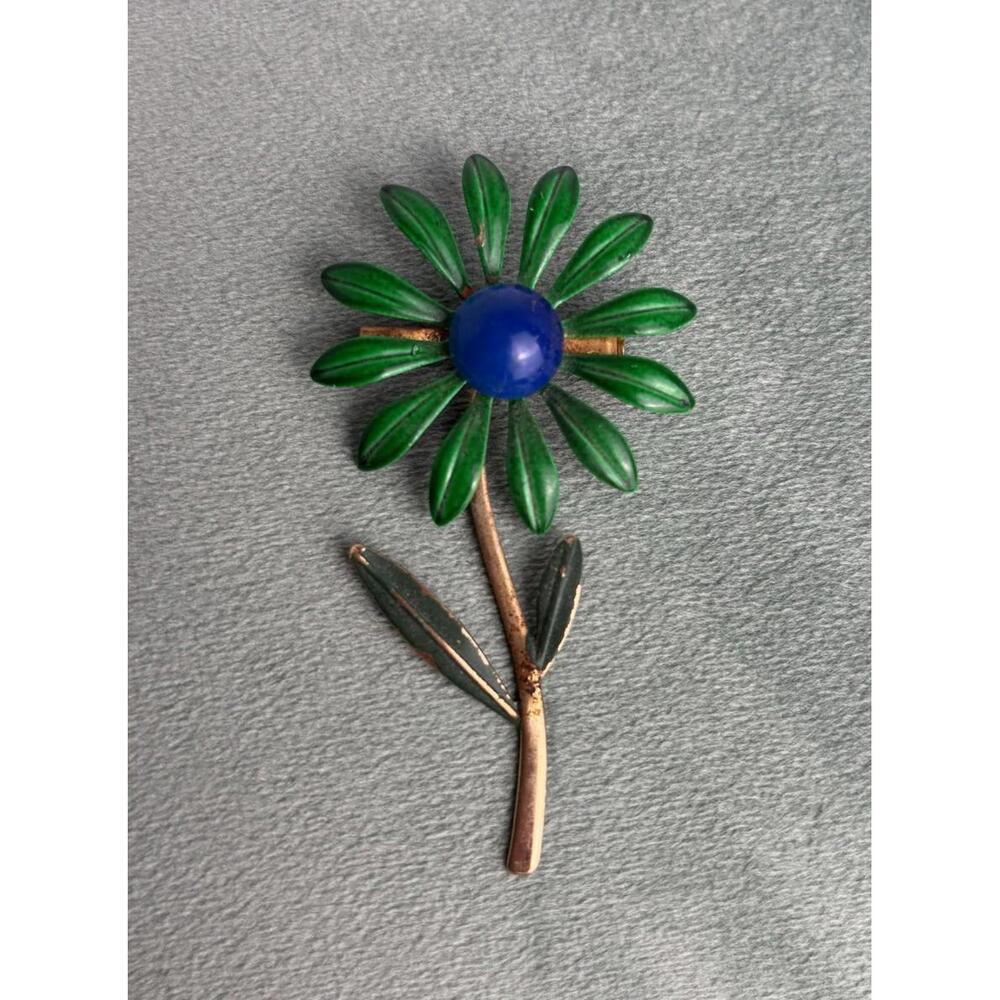 Vintage Long Stem Daisy Flower Brooch Green Blue Bloom P022